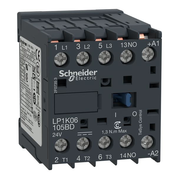 Schneider Electric LP1K09105BD Contactor, TeSys K, 3P, AC-3, lt or eq to 440V, 9A, 1 NO aux, 24VDC coil