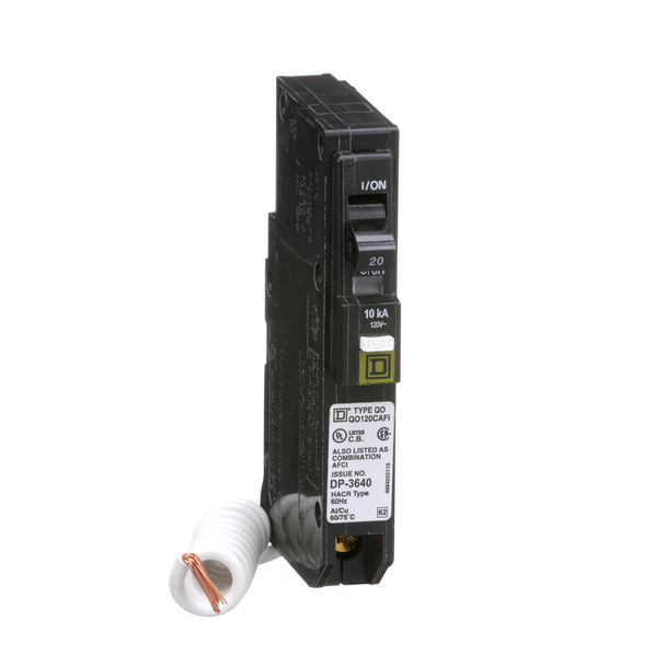 Schneider Electric QO120CAFI Mini circuit breaker, QO, 20A, 1 pole, 120VAC, 10kA, plug in, combo ARC fault, pigtail