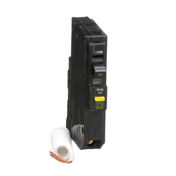 Schneider Electric QO120GFI Mini circuit breaker, QO, 20A, 1 pole, 120VAC, 10kA, plug in, 6mA grd fault A, pigtail