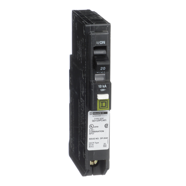 Schneider Electric QO120PCAFIC Mini circuit breaker, QO, 20A, 1 pole, 120VAC, 10kA, plug in, combo ARC fault, plug on neutral, clam