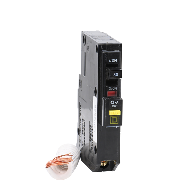 Schneider Electric QO130VHGFI Mini circuit breaker, QO, 30A, 1 pole, 120VAC, 22kA, plug in, 6mA grd fault A, pigtail