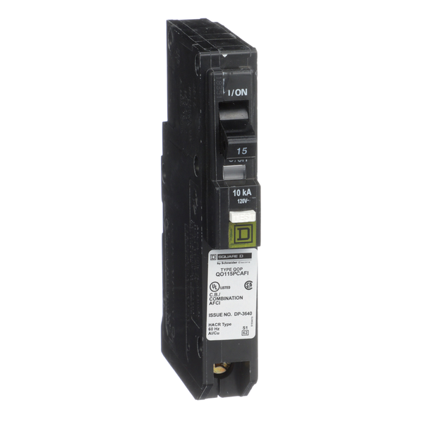 Schneider Electric QO115PCAFIC Mini circuit breaker, QO, 15A, 1 pole, 120VAC, 10kA, plug in, combo ARC fault, plug on neutral, clam