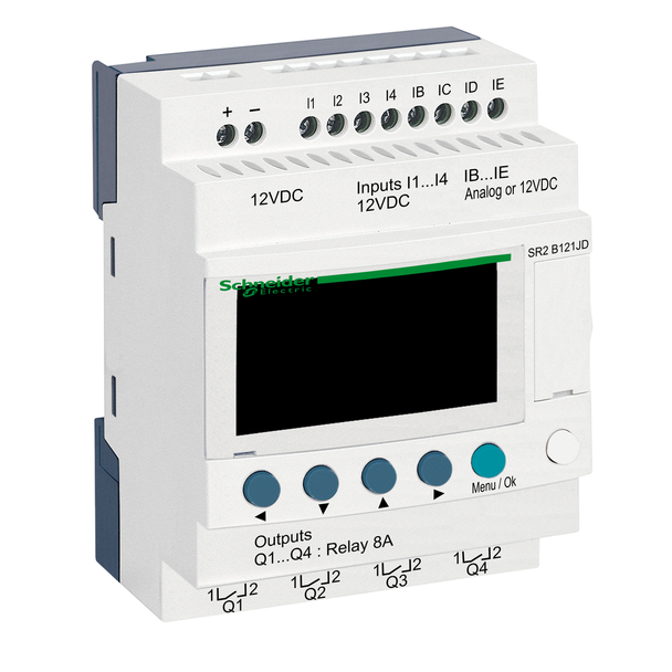 Schneider Electric SR2B121JD compact smart relay, Zelio Logic SR2 SR3, 12 IO, 12V DC, clock, display