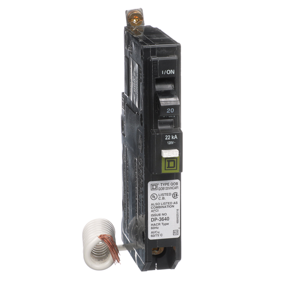 Schneider Electric QOB120VHCAFI Mini circuit breaker, QO, 20A, 1 pole, 120VAC, 22kA, bolt on, combo ARC fault, pigtail