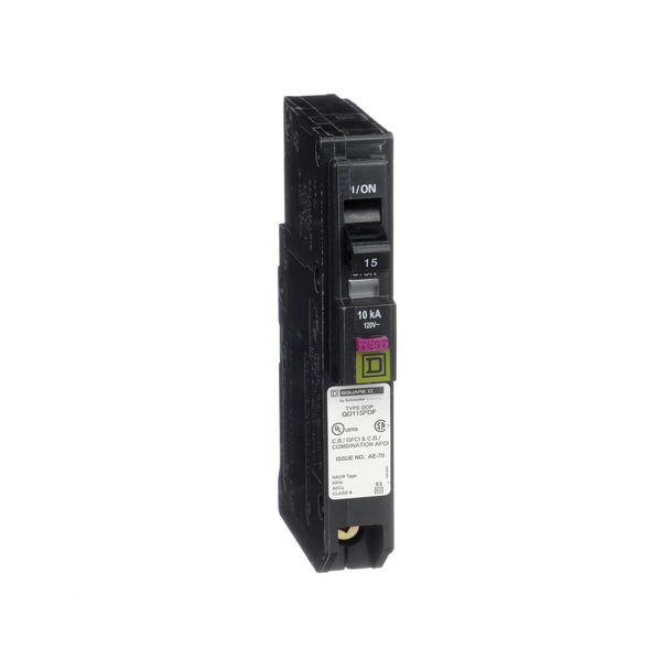 Schneider Electric QO115PDFC Mini circuit breaker, QO, 15A, 1 pole, 120VAC, 10kA, plug in, dual function, plug on neutral, clam