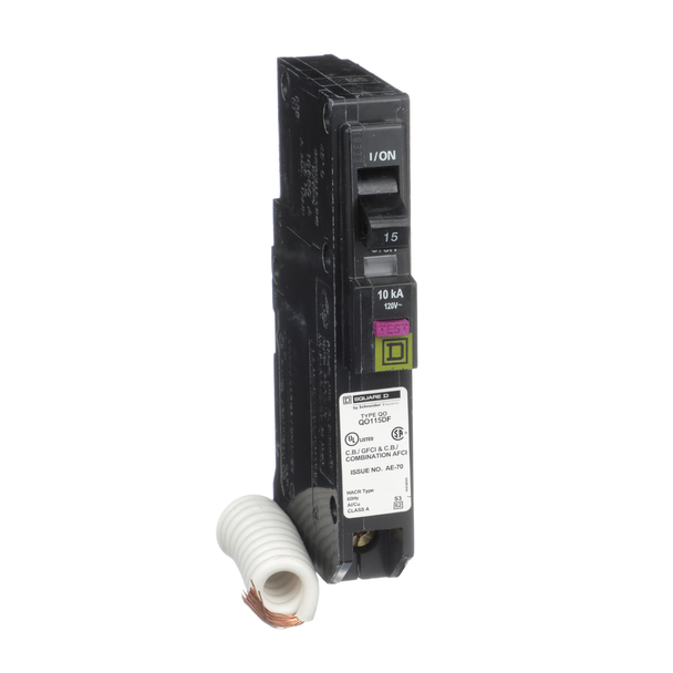 Schneider Electric QO115DFC Mini circuit breaker, QO, 15A, 1 pole, 120VAC, 10kA, plug in, dual function, pigtail, clam