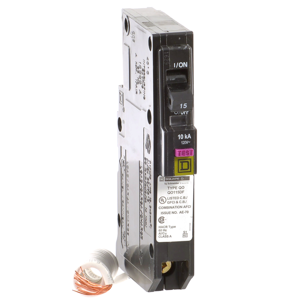 Schneider Electric QO115DF Mini circuit breaker, QO, 15A, 1 pole, 120VAC, 10kA, plug in, dual function, pigtail