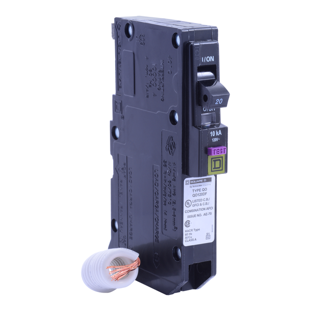 Schneider Electric QO120DF Mini circuit breaker, QO, 20A, 1 pole, 120VAC, 10kA, plug in, dual function, pigtail