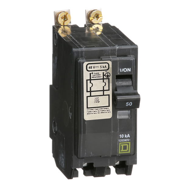 Schneider Electric QOB2505272 Mini circuit breaker, QO, 50A, 2 pole, 120/240VAC, 10kA, bolt on, 48VDC rating