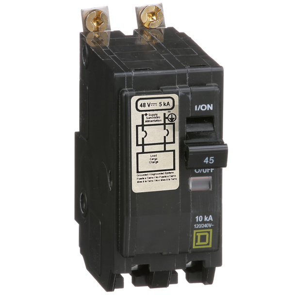 Schneider Electric QOB2455272 Mini circuit breaker, QO, 45A, 2 pole, 120/240VAC, 10kA, bolt on, 48VDC rating