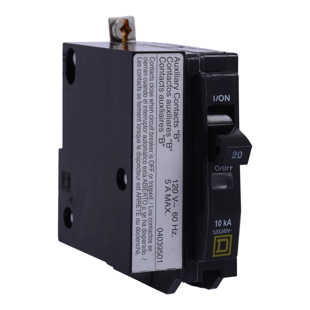 Schneider Electric QOB1201201 Mini circuit breaker, QO, 20A, 1 pole, 120/240VAC, 10kA, bolt on, aux switch 1B