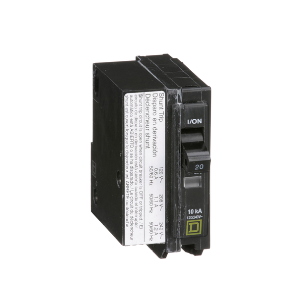 Schneider Electric QO1201021 Mini circuit breaker, QO, 20A, 1 pole, 120/240VAC, 10kA, plug in, AC shunt