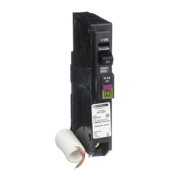 Schneider Electric QO120DFC Mini circuit breaker, QO, 20A, 1 pole, 120VAC, 10kA, plug in, dual function, pigtail, clam