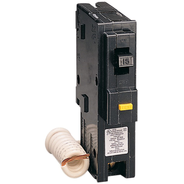 Schneider Electric HOM115GFICP Mini circuit breaker, Homeline, 15A, 1 pole, 120VAC, 10kA AIR, ground fault class A, plug in, UL