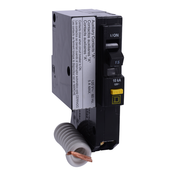 Schneider Electric QO115GFI1201 Mini circuit breaker, QO, 15A, 1 pole, 120VAC, 10kA, plug in, 6mA grd fault A, pigtail, aux switch 1B