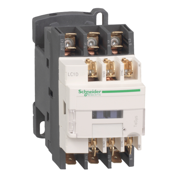 Schneider Electric LC1D099G7 IEC contactor, TeSys D, nonreversing, 9A, 5HP at 480VAC, 3 phase, 3 pole, 3 NO, 120VAC 50/60Hz coil, open style