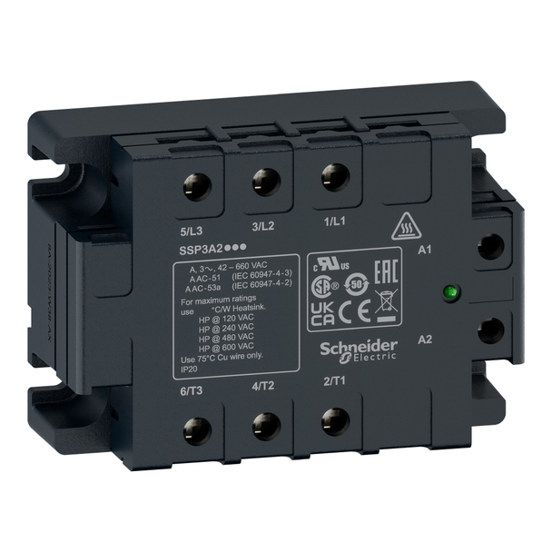 Schneider Electric SSP3A225BDRT three phase relay, Harmony Solid State Relays, 25A, panel mount, random switching, thermal pad, input 4 to 32V DC, output 42 to 660V AC