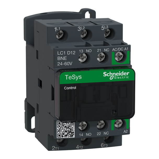 Schneider Electric LC1D12BNE IEC contactor, TeSys Deca Green, nonreversing, 12A, 7.5HP at 480VAC, up to 100kA SCCR, 3 phase, 3 NO, 24/60VAC/VDC coil