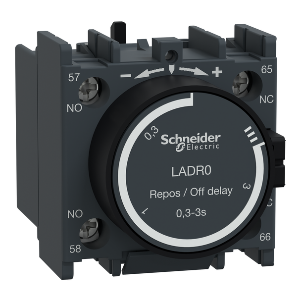 Schneider Electric LADR0 Time delay auxiliary contact block, TeSys Deca, 1NO + 1NC, off delay 0.3-3s, front, screw clamp terminals