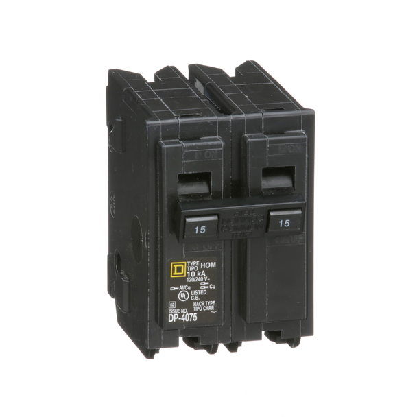 Schneider Electric HOM215 Mini circuit breaker, Homeline, 15A, 2 pole, 120/240VAC, 10kA AIR, standard type, plug in, UL