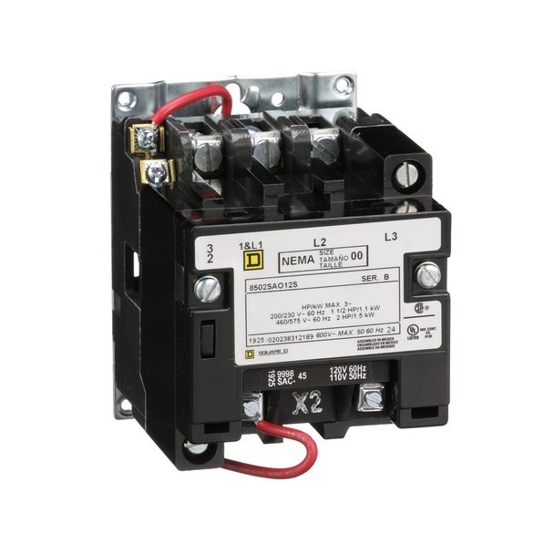 Schneider Electric 8502SAO12V02S NEMA Contactor, Type S, nonreversing, Size 00, 9A, 3HP at 575VAC, 3 phase, up to 100kA, 3 pole, 120VAC coil, open