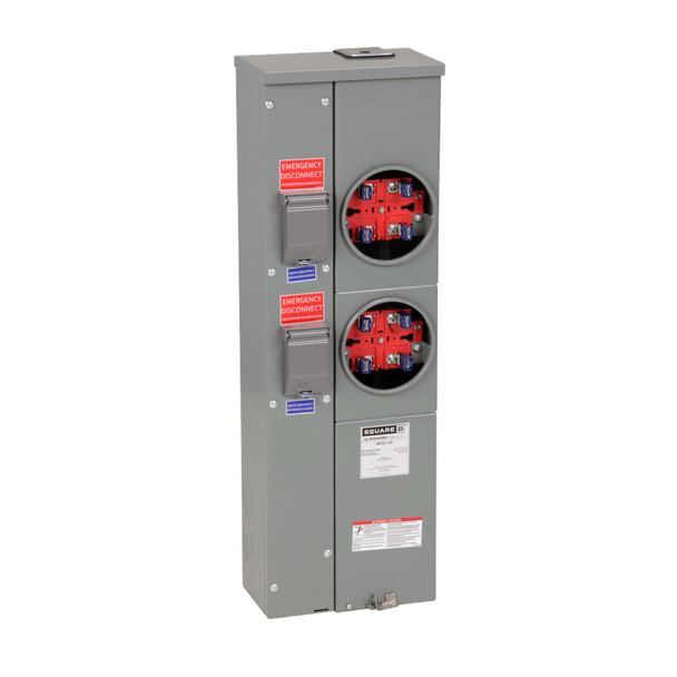 Schneider Electric MP22125 Meter center, MP Meter-Pak, 2 sockets, no bypass, 4 jaws, 200A bus, 125A max breaker rating, ringed