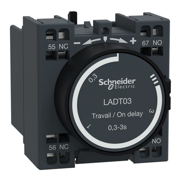 Schneider Electric LADT03 Time delay auxiliary contact block, TeSys Deca, 1NO + 1NC, on delay 0.3-3s, front, spring terminals