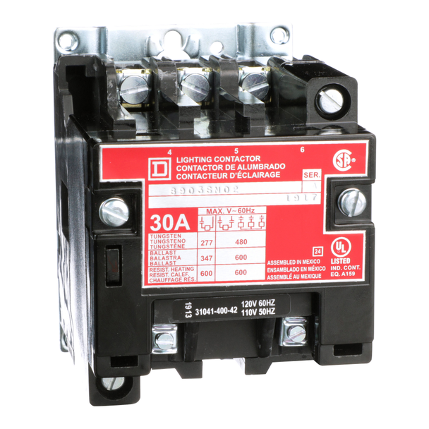 Schneider Electric 8903SMO2V02 Contactor, Type S, multipole lighting, electrically held, 30A, 3 pole, 110/120VAC 50/60Hz coil, open style