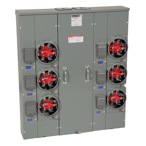 Schneider Electric MPH66125 Meter center, MP Meter-Pak, 6 sockets, horn bypass, 5 jaws, 600A bus, 125A max breaker rating, ringless