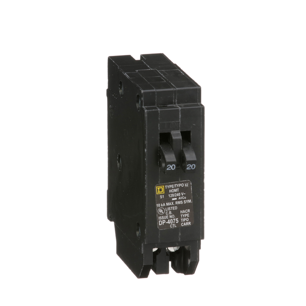 Schneider Electric HOMT2020C Tandem circuit breaker, Homeline, 2 x 1 pole at 20A, 120/240VAC, 10kA AIR, plug in, UL