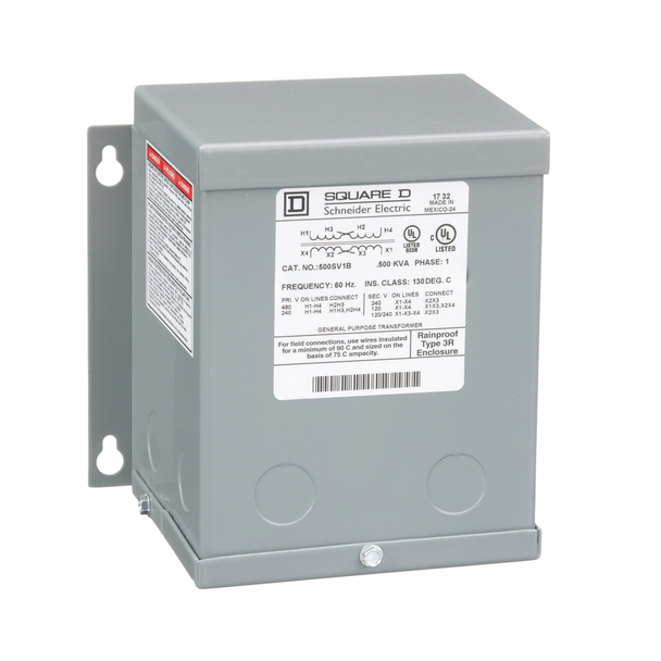 Schneider Electric 500SV1B Transformer, dry type, encapsulated, 0.5kVA, 1 phase, 240x480V primary, 120/240V secondary, 5A, 55C rise