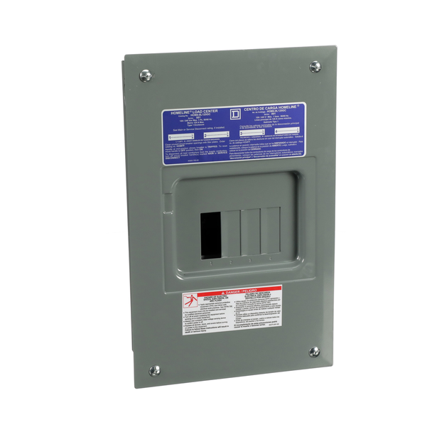 Schneider Electric HOM48L125GC Load center, Homeline, 1 phase, 4 spaces, 8 circuits, 125A fixed main lugs, NEMA1, gnd bar, combo cover