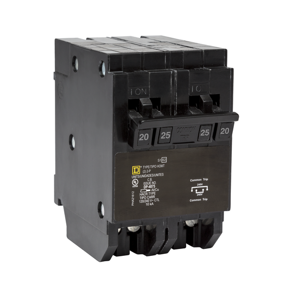 Schneider Electric HOMT220225 Quad tandem circuit breaker, Homeline, 1 x 2 pole at 20A, 1 x 2 pole at 25A, 120/240VAC, 10kA AIR, plug in, UL