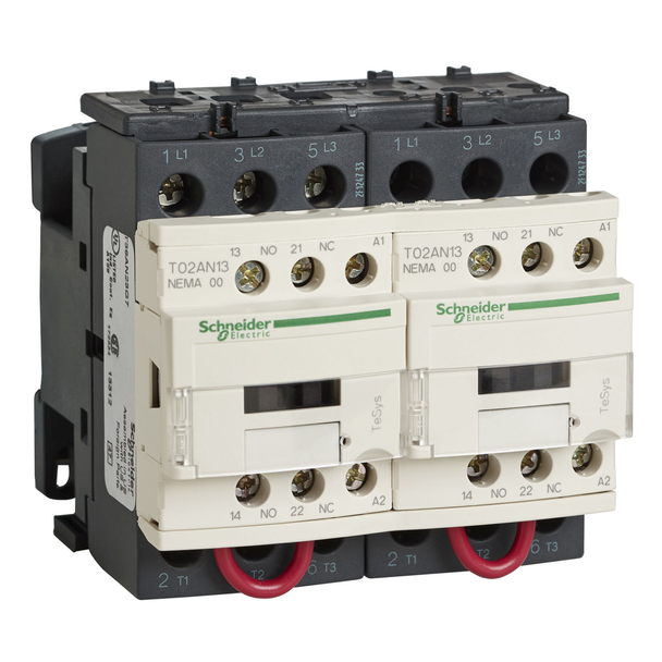 Schneider Electric T02BN23LE7 NEMA Contactor, TeSys N, reversing, Size 0, 18A, 5HP at 460VAC, 3 pole, 3 phase, 208VAC 50/60Hz coil, open