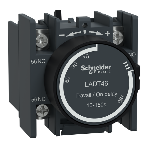 Schneider Electric LADT46 Time delay auxiliary contact block, TeSys Deca, 1NO + 1NC, on delay 10-180s, front, lugs-ring terminals