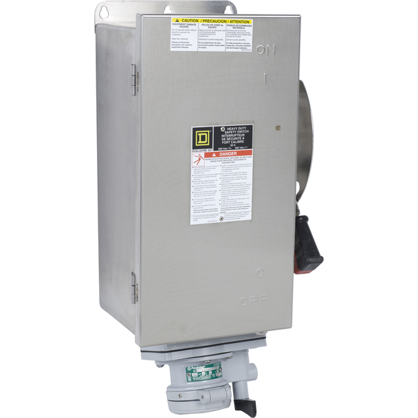 Schneider Electric H362DSWA Safety switch, heavy duty, fusible, 60A, 600VAC, 600VDC, 3 poles, 50hp, NEMA 4, 4X, 5, 304 steel, Appleton receptacle