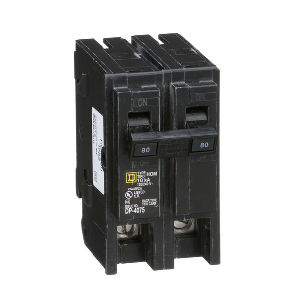 Schneider Electric HOM280 Mini circuit breaker, Homeline, 80A, 2 pole, 120/240VAC, 10kA AIR, standard type, plug in, UL