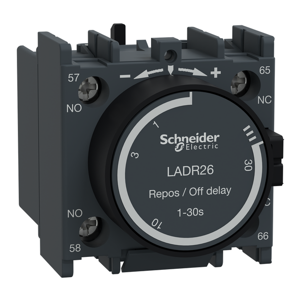 Schneider Electric LADR26 Time delay auxiliary contact block, TeSys Deca, 1NO + 1NC, off delay 1-30s, front, lugs-ring terminals