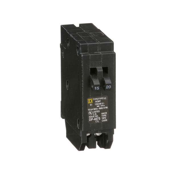 Schneider Electric HOMT1520 Tandem circuit breaker, Homeline, 1 x 1 pole at 15A, 1 x 1 pole at 20A, 120/240VAC, 10kA AIR, plug in, UL