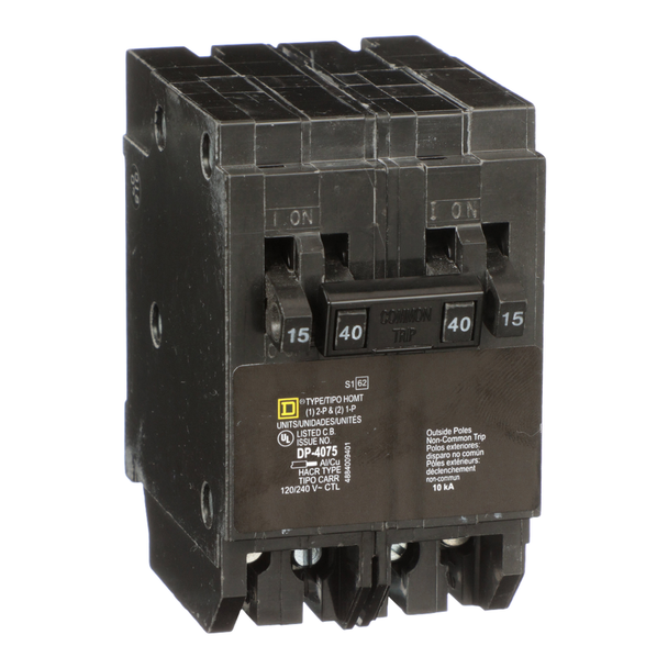 Schneider Electric HOMT1515240 Tandem circuit breaker, Homeline, 2 x 1 pole at 15A, 1 x 2 pole at 40A, 120/240VAC, 10kA AIR, plug in, UL