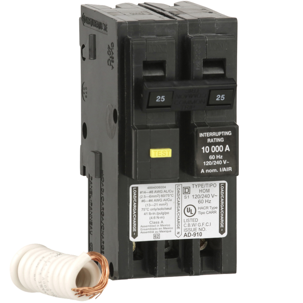 Schneider Electric HOM225GFI Mini circuit breaker, Homeline, 25A, 2 pole, 120/240VAC, 10kA AIR, ground fault class A, plug in, UL