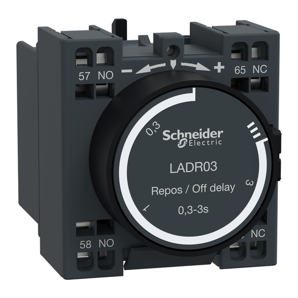 Schneider Electric LADR03 Time delay auxiliary contact block, TeSys Deca, 1NO + 1NC, off delay 0.3-3s, front, spring terminals