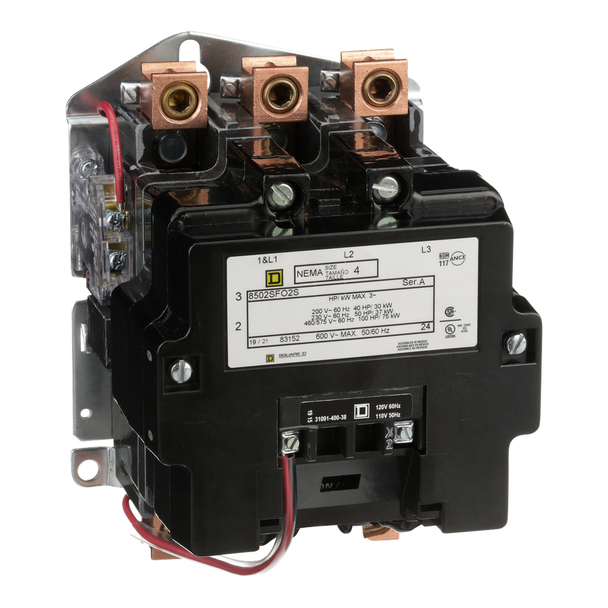 Schneider Electric 8502SFO2V02S NEMA Contactor, Type S, nonreversing, Size 4, 135A, 100 HP at 575 VAC, 3 phase, up to 100 kA, 3 pole, 120 VAC coil, open