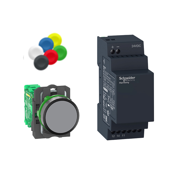 Schneider Electric XB5RFB01 Wireless and batteryless package, Harmony XB5R, Wireless push button and non configurable receiver, plastic, 22mm, with 1 black cap, 24V DC