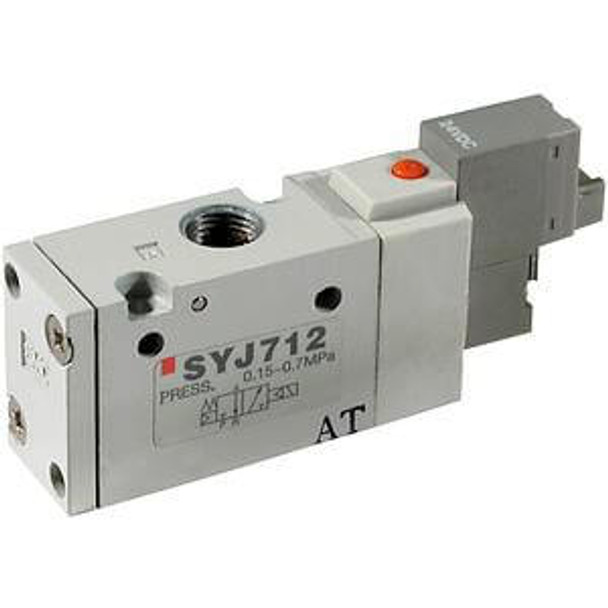 <h2>SYJ700, 3 Port Solenoid Valve, All Types</h2><p><h3>The SYJ Valve is an innovative combination of space efficiency and performance superiority which provides real value to the design solution. Whether designed in a manifold or used as a single valve, this small profile increases design flexibility and minimizes space requirements. The SYJ valve utilizes a low power (0.5 watts standard) pilot solenoid design, which dramatically reduces thermal heat generation. This improves performance, decreases operating costs, and allows for direct control by PLC output relays. All electrical connections for SYJ Valves are available with lights and surge suppression. SYJ series valves can be configured on base mounted manifolds, or individually on sub-plates, creating a variety of solutions to meet your broadest engineering needs. </h3>- Fluid: air<br>- Operating pressure range (MPa): 0.15 to 0.7<br>- Ambient and fluid temperature ( C): -10 to 50 (no freezing)<br>- Maximum operating frequency (Hz): 5<p><a href="https://content2.smcetech.com/pdf/SYJ_3PT.pdf" target="_blank">Series Catalog</a>