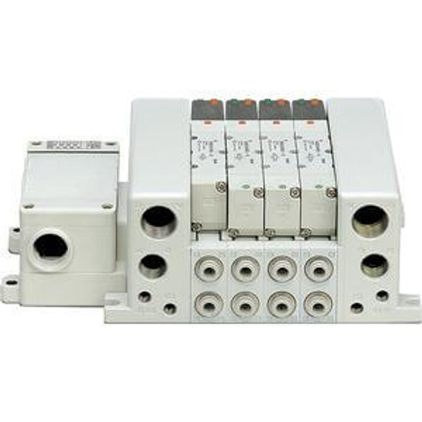 <h2>VV5QC21-T, 2000 Series, Base Mounted Manifold, Plug-in, Terminal Block</h2><p><h3>The VQC series has five standard wiring packages bringing a world of ease to wiring and maintenance work, while the protective enclosures of three of them conform to IP67 standards for protection from dust and moisture. The use of multi-pin connectors to replace wiring inside manifold blocks provides flexibility when adding stations or changing manifold configuration. The VQC series has outstanding response times and long life.<br>- </h3>- Base mount, plug-in manifold for VQC2000 valves<br>- Protective enclosure conforms to IP67 for protectionfrom dust and moisture<br>- Terminals are concentrated in compact clusterswithin terminal block box<br>- Maximum 20 stations available as standard<br>- Optional DIN rail mount<br>- 18 port sizes available<br>- <p><a href="https://content2.smcetech.com/pdf/VQC1_2000.pdf" target="_blank">Series Catalog</a>