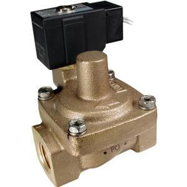 <h2>VXR2000 Single Unit, Pilot Operated, Water Hammer Relief Style</h2><p><h3>Water hammer relief, pilot operated 2 port solenoid valve series VXR is for use with water and oil. VXR2 prevents damage of piping, equipment and generation of vibration through an integrated check valve and low valve closing speed. Variations include energized open (N.C) and energized closed (N.O) valves, bronze body material and NBR, FKM seal materials. Flow rate ranges from Cv of 6.5 to 48.<br>- </h3>-  Alleviate water hammer by using integrated check valve and low valve closing speed mechanism<br>- Fluid: Water and Oil<br>-  Port size: 1/2 to 2 inch<br>- Class B or Class H coil insulation available<br>- Valve type: normally closed and normally open<p><a href="https://content2.smcetech.com/pdf/VXR.pdf" target="_blank">Series Catalog</a>