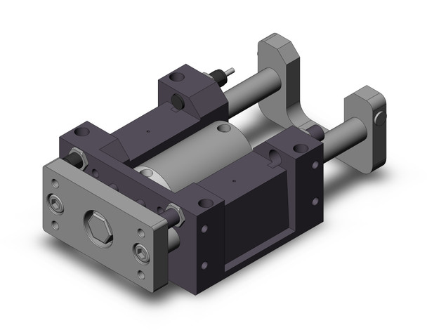 <h2>MGGL, Standard External Guided Cylinder, Ball Bushing Bearing</h2><p><h3>The MGGL integrates a round body cylinder for its power source with external guide rods to isolate the load bearing from the movement of the actuator s rod and seals for a compact and light weight unit. The high precision ball bushing allows for smooth operation that ensures stable travel resistance, suitable for pushing and lifting applications. It is enhanced with shock absorbers at the end of stroke for maximum kinetic energy absorption. Non-rotating accuracy ranging from +/-0.02  for 100 mm bore to +/-0.07  for 20 mm bore.<br>- </h3>- Bore sizes: 20, 25, 32, 40, 50, 63, 80, 100 mm<br>- Available in basic or front flange mounting<br>- High temperature option, up to 150 C or 302 F (XB6)<br>- Dual stroke option, single rod (XC11)<br>- External shock absorbers as standard<br>- Auto switch capable<br>- <p><a href="https://content2.smcetech.com/pdf/MGG.pdf" target="_blank">Series Catalog</a>