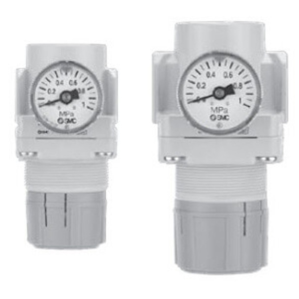 <h2>AR10-A to AR40-A, Modular Style Regulator, Metric, North American &amp; European</h2><p><h3>Air Regulator Series AR-A have been updated to the new urban white base color for a clean modern look. The pressure drop across the regulator has been reduced to create a more efficient unit with a maximum set pressure of 100 psi. The locking adjustment knob prevents accidental setting changes. Options include a mounting bracket and set nuts for panel mounting as well as pressure gauges. The modular design of the AR-A series connects with other SMC air preparation equipment of similar size. The new AR-A is available in five body sizes with piping from M5 to 3/4  in Rc, NPT and G thread types.</h3>- <p><a href="https://content2.smcetech.com/pdf/AR_A.pdf" target="_blank">Series Catalog</a>