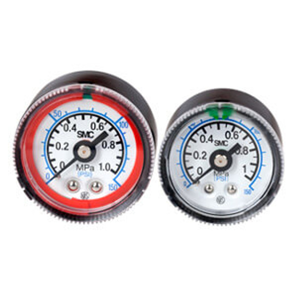 <h2>G36-L/G46-L/G53-L/G63-L, Pressure Gauge w/Limit Indicator, Color Zone Type</h2><p><h3>With the color zone limit indicator, users can set up the gauge for quick,  at a glance  indication of the appropriate operating pressure.  Adjustable red rings indicate low or excessive pressure while a needle in the green zone indicates appropriate pressure for the operation.  Pressure ranges vary from 0 to 1 MPa.</h3>- Red and green color zones for improved visibility of pressure control range<br>- Back side thread<br>- Port size: G36: R1/8, NPT1/8; G46: R1/8, R1/4, NPT1/8, NPT1/4, G53, G63: R1/8, R1/4<br>- X30 option for MPa, psi indication (G36, G46 only)<br>- <p><a href="https://content2.smcetech.com/pdf/G.pdf" target="_blank">Series Catalog</a>